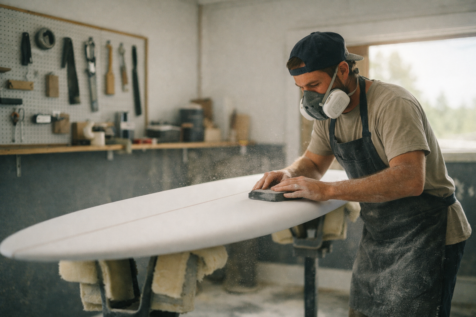 Surfboard shaping room with shaper sanding a blank